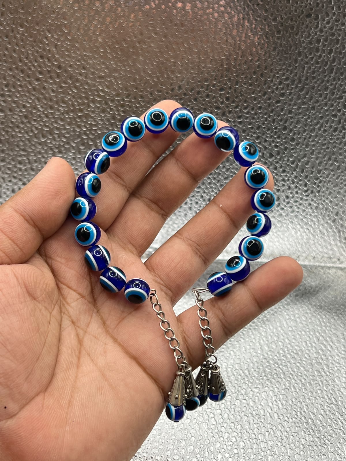 Handcrafted Evil Eye Gemstones Bracelet with Silver Tassel Charms – 10mm Beads
