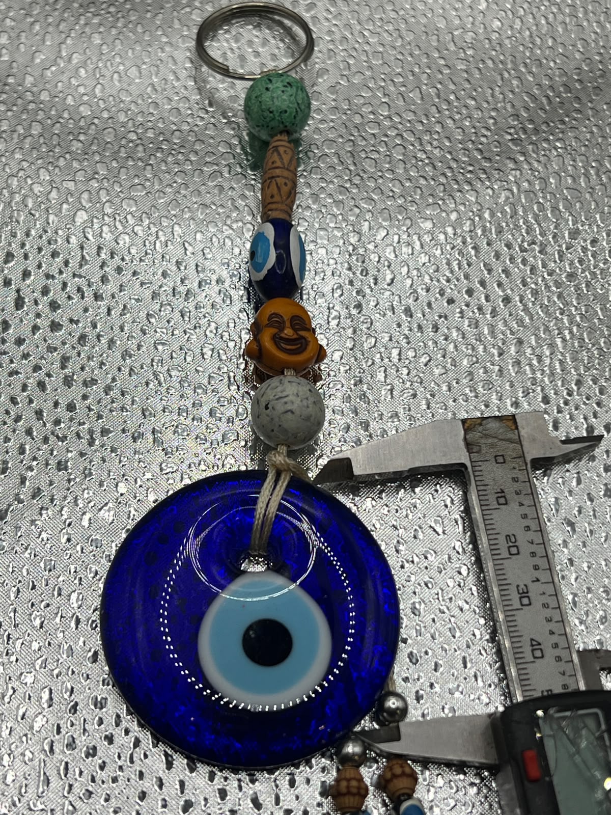Handmade Evil Eye Car Hanging Ornament – 60mm Glass Nazar Protection Charm with Laughing Buddha