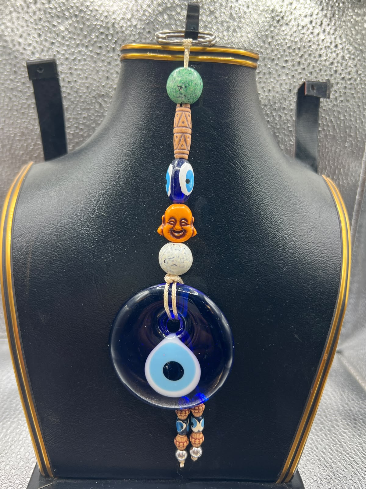 Handmade Evil Eye Car Hanging Ornament – 60mm Glass Nazar Protection Charm with Laughing Buddha