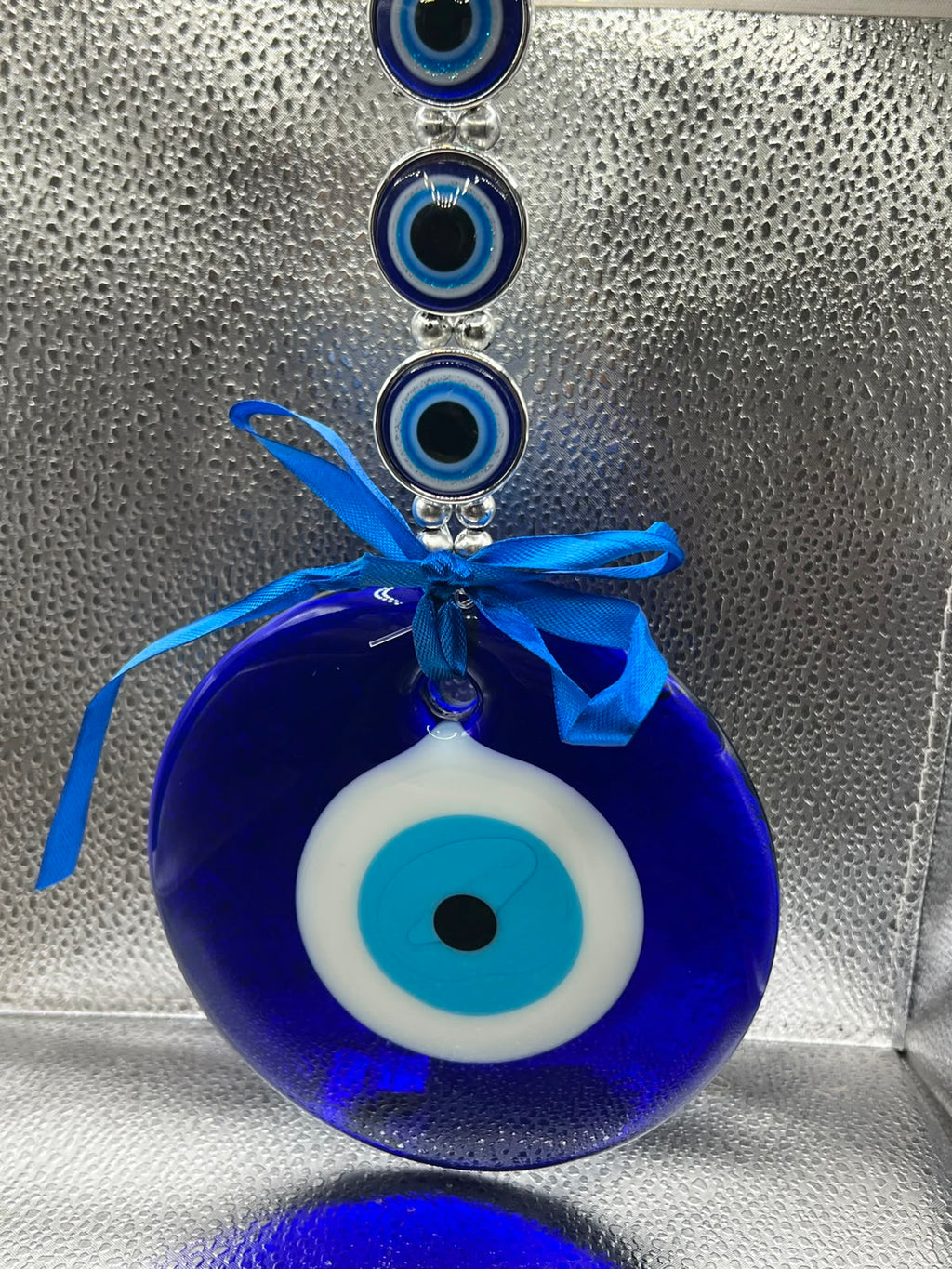 Handmade Large Evil Eye Wall Hanging Ornament with Silver Rings – 130mm Glass Nazar Protection Amulet