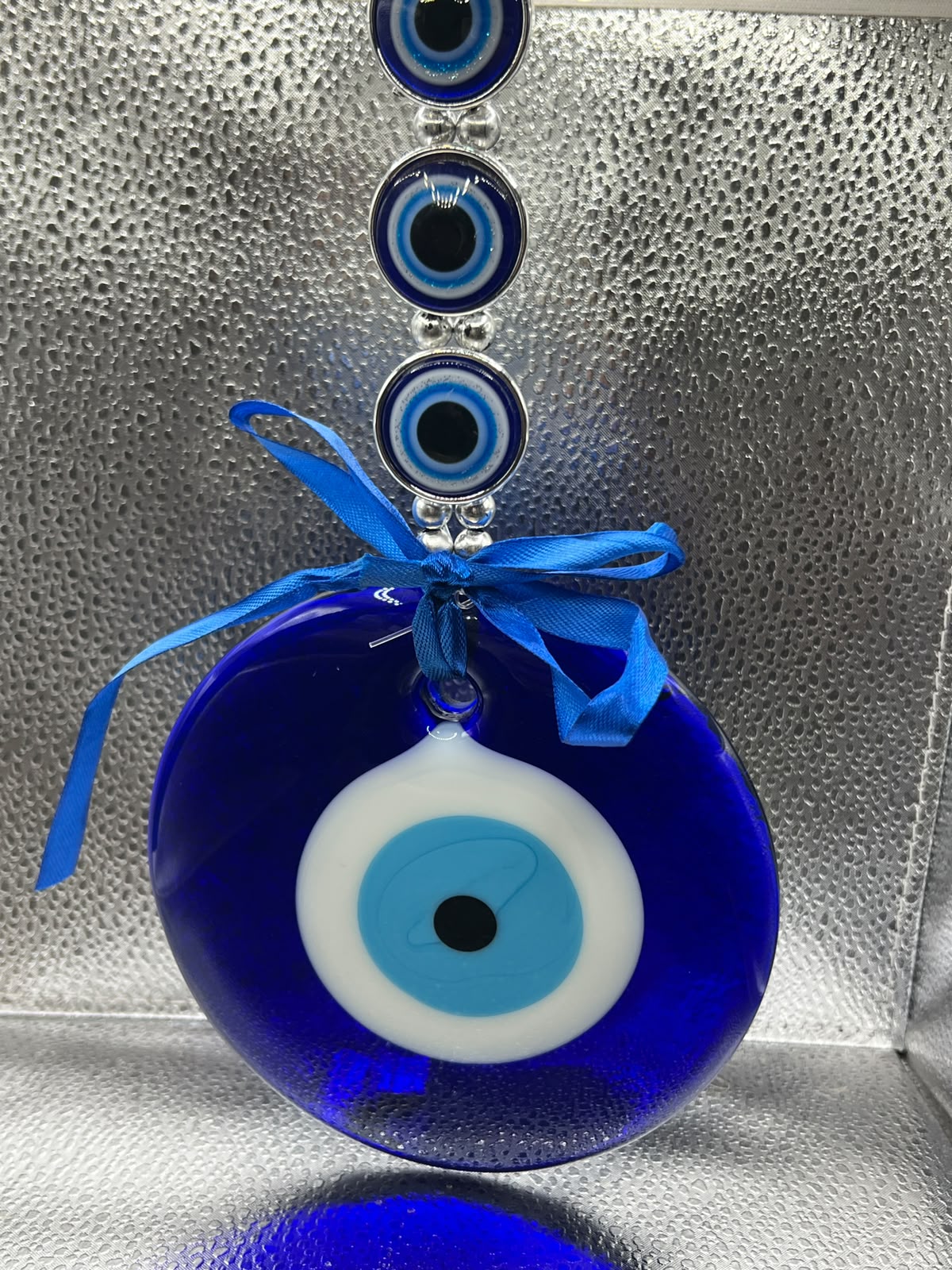 Handmade Large Evil Eye Wall Hanging Ornament with Silver Rings – 130mm Glass Nazar Protection Amulet