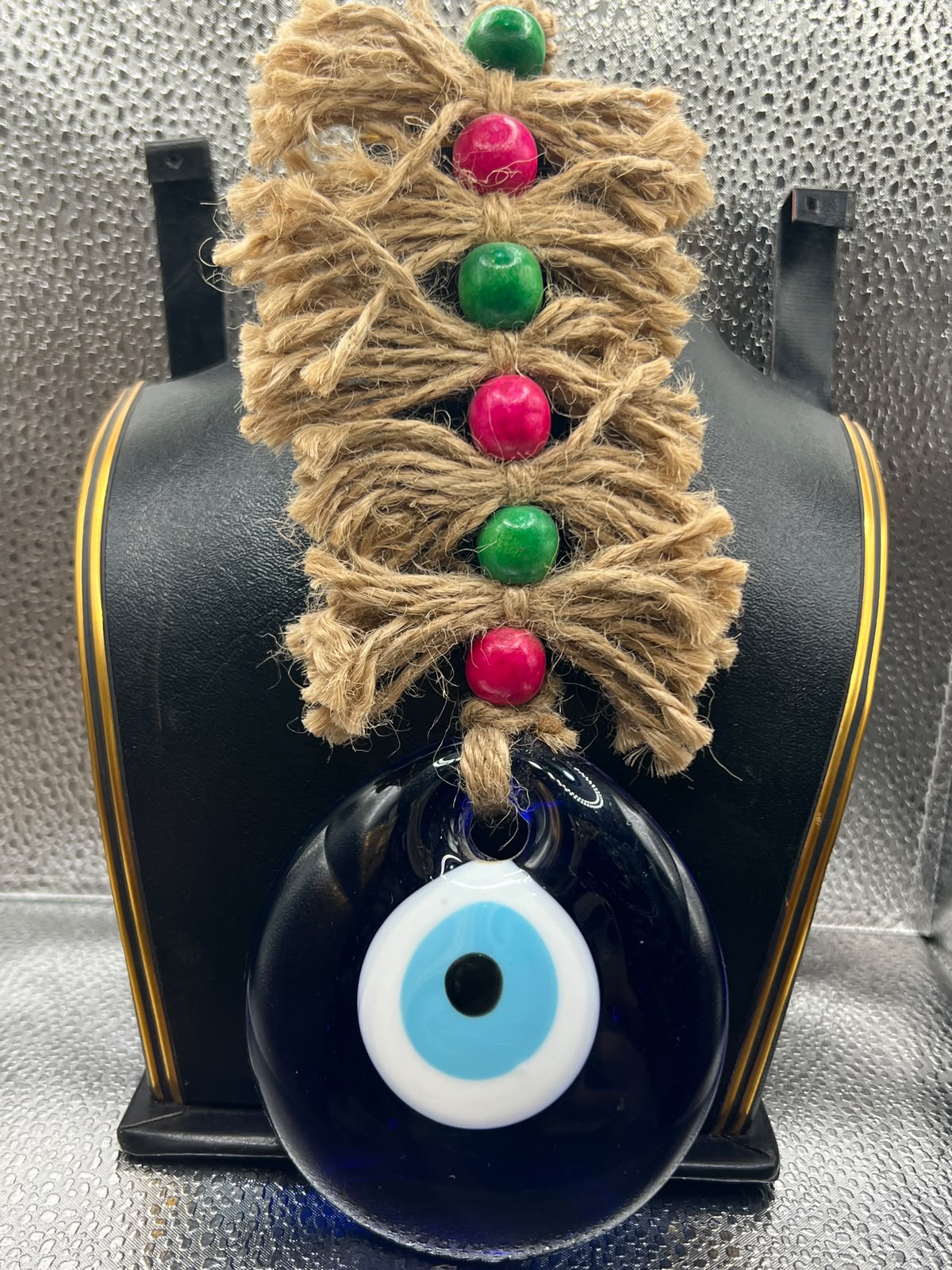 Handmade Rustic Jute Evil Eye Wall Hanging Ornament – 80mm Glass Nazar Home Protection Amulet
