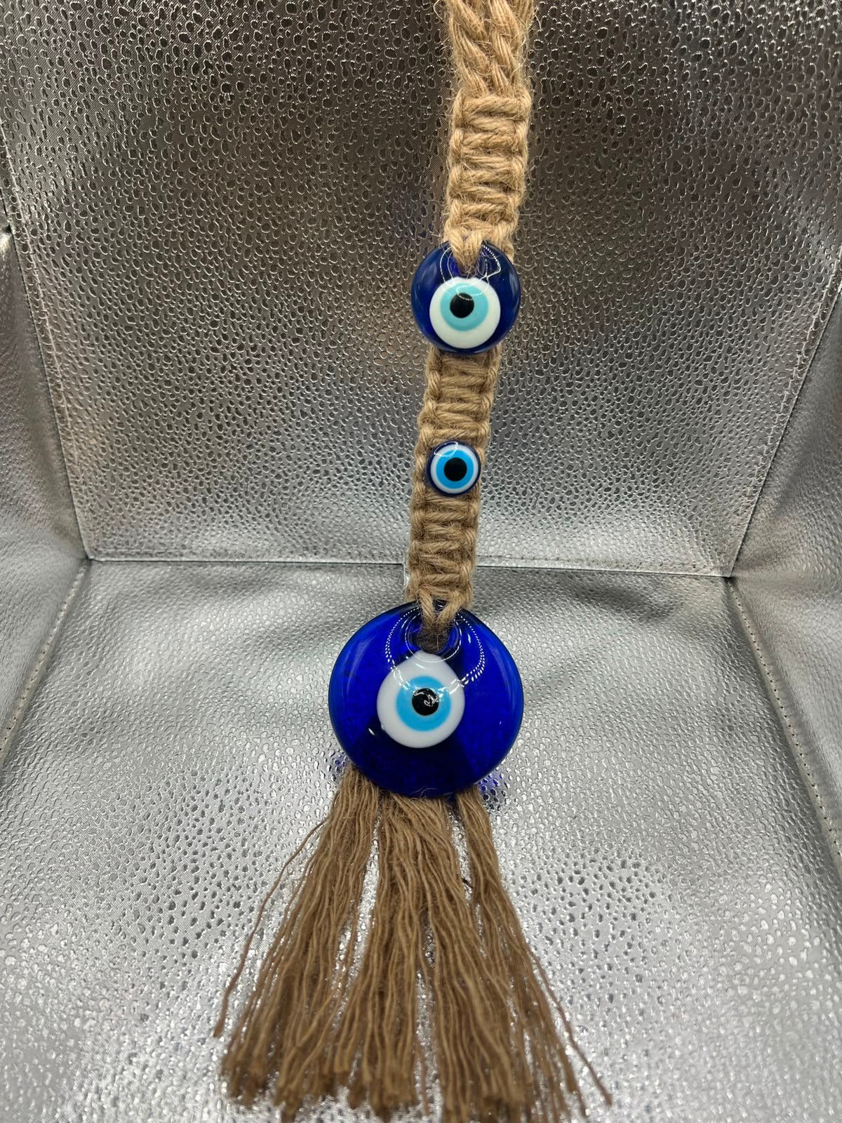 Handmade Braided Jute Evil Eye Wall Hanging Ornament with Tassel – 70mm Glass Nazar Protection Amulet