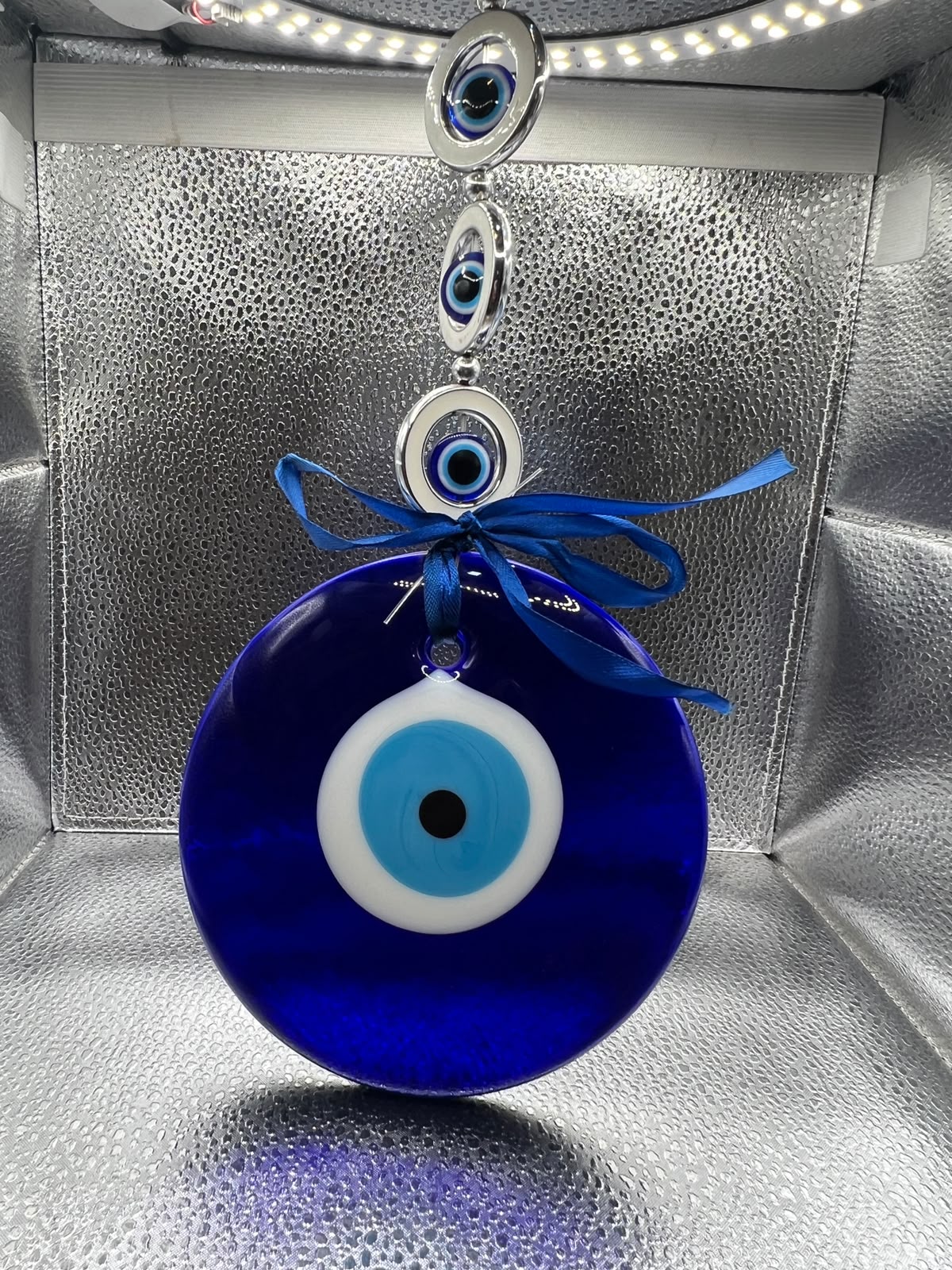 Handmade Large Evil Eye Wall Hanging Ornament with Silver Rings – 130mm Glass Nazar Protection Amulet