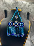 Handmade Evil Eye Jhumar Hanging Ornament – Triple Nazar Eye Chandelier with Crystal Bead Fringe (30mm Eyes)