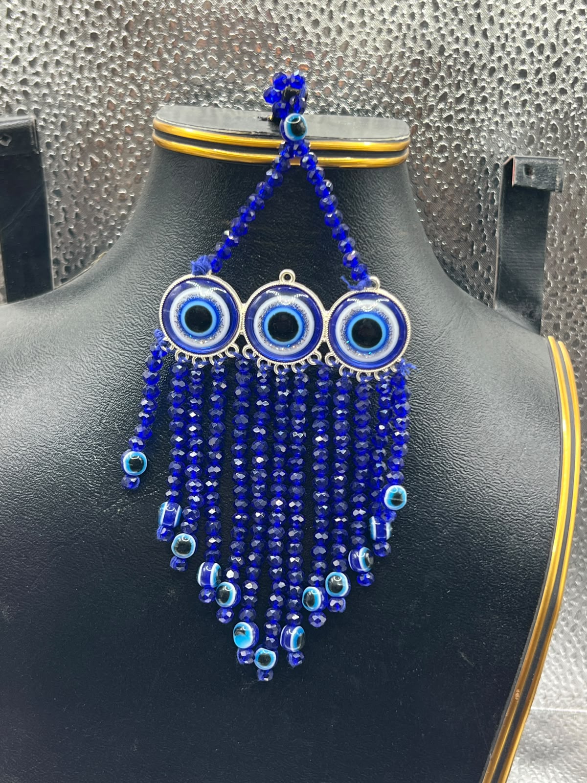 Handmade Evil Eye Jhumar Hanging Ornament – Triple Nazar Eye Chandelier with Crystal Bead Fringe (30mm Eyes)