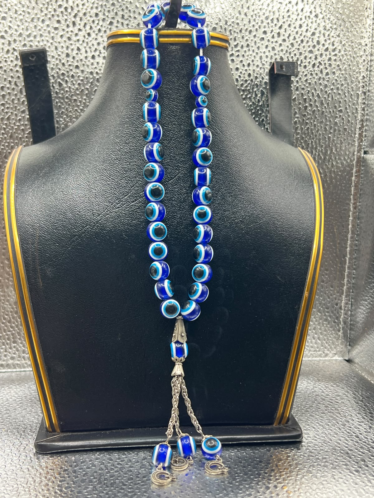 Handmade 33-Beads Evil Eye Tasbeeh Prayer Beads – 10mm Nazar Rosary with Silver Crescent Charms